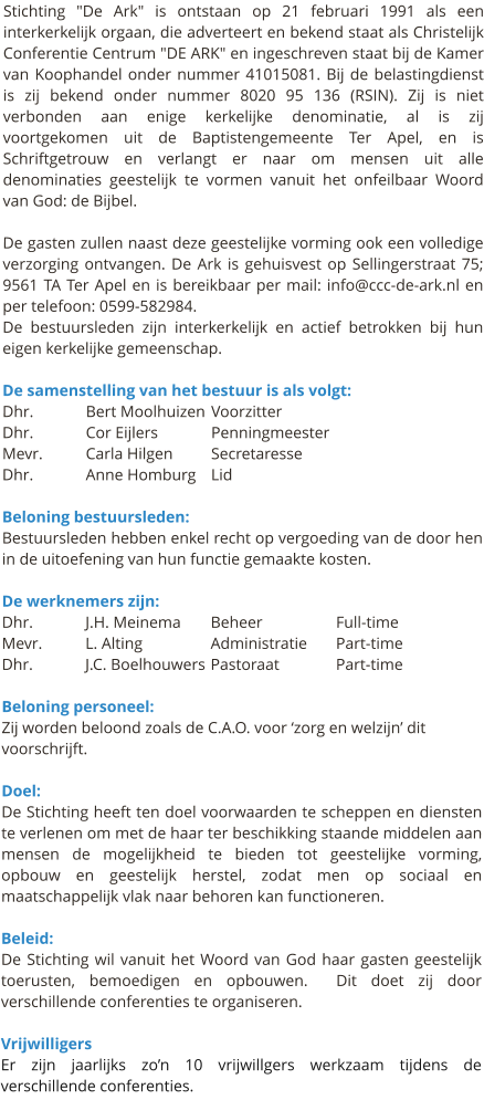 Stichting "De Ark" is ontstaan op 21 februari 1991 als een interkerkelijk orgaan, die adverteert en bekend staat als Christelijk Conferentie Centrum "DE ARK" en ingeschreven staat bij de Kamer van Koophandel onder nummer 41015081. Bij de belastingdienst is zij bekend onder nummer 8020 95 136 (RSIN). Zij is niet verbonden aan enige kerkelijke denominatie, al is zij voortgekomen uit de Baptistengemeente Ter Apel, en is Schriftgetrouw en verlangt er naar om mensen uit alle denominaties geestelijk te vormen vanuit het onfeilbaar Woord van God: de Bijbel.   De gasten zullen naast deze geestelijke vorming ook een volledige verzorging ontvangen. De Ark is gehuisvest op Sellingerstraat 75; 9561 TA Ter Apel en is bereikbaar per mail: info@ccc-de-ark.nl en per telefoon: 0599-582984. De bestuursleden zijn interkerkelijk en actief betrokken bij hun eigen kerkelijke gemeenschap.  De samenstelling van het bestuur is als volgt: Dhr. 	 	Bert Moolhuizen	Voorzitter Dhr. 	 	Cor Eijlers		Penningmeester Mevr. 	Carla Hilgen	Secretaresse Dhr. 	 	Anne Homburg	Lid  Beloning bestuursleden: Bestuursleden hebben enkel recht op vergoeding van de door hen in de uitoefening van hun functie gemaakte kosten.  De werknemers zijn: Dhr. 		J.H. Meinema	Beheer		Full-time Mevr. 	L. Alting		Administratie	Part-time Dhr. 		J.C. Boelhouwers	Pastoraat		Part-time  Beloning personeel: Zij worden beloond zoals de C.A.O. voor ‘zorg en welzijn’ dit voorschrijft.  Doel: De Stichting heeft ten doel voorwaarden te scheppen en diensten te verlenen om met de haar ter beschikking staande middelen aan mensen de mogelijkheid te bieden tot geestelijke vorming, opbouw en geestelijk herstel, zodat men op sociaal en maatschappelijk vlak naar behoren kan functioneren.  Beleid: De Stichting wil vanuit het Woord van God haar gasten geestelijk toerusten, bemoedigen en opbouwen.  Dit doet zij door verschillende conferenties te organiseren.  Vrijwilligers Er zijn jaarlijks zo’n 10 vrijwillgers werkzaam tijdens de verschillende conferenties.